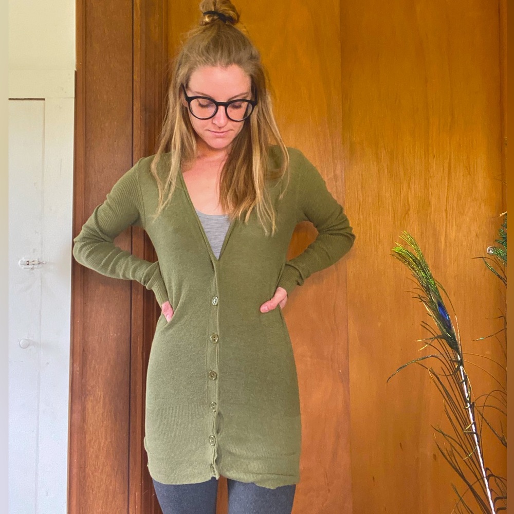 green, soft n starchy XS cardigan. “Lux” brand